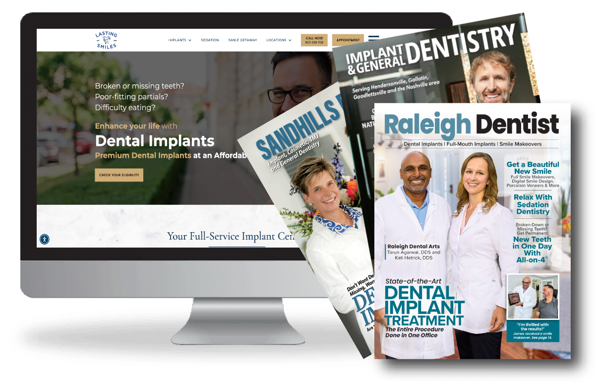 Collection of magazines and a website mockup