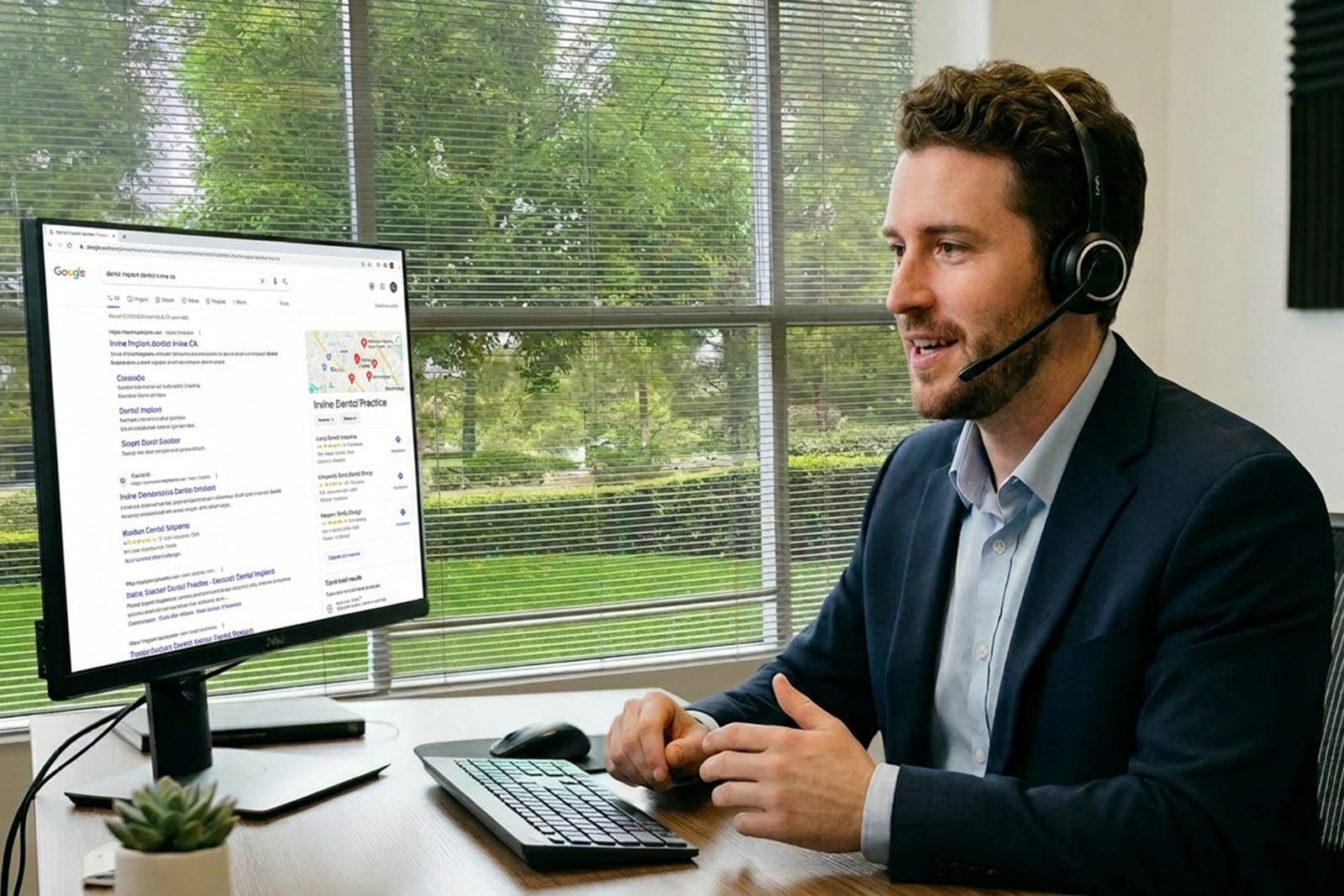 A marketing agent searches up information on a computer while on a call.