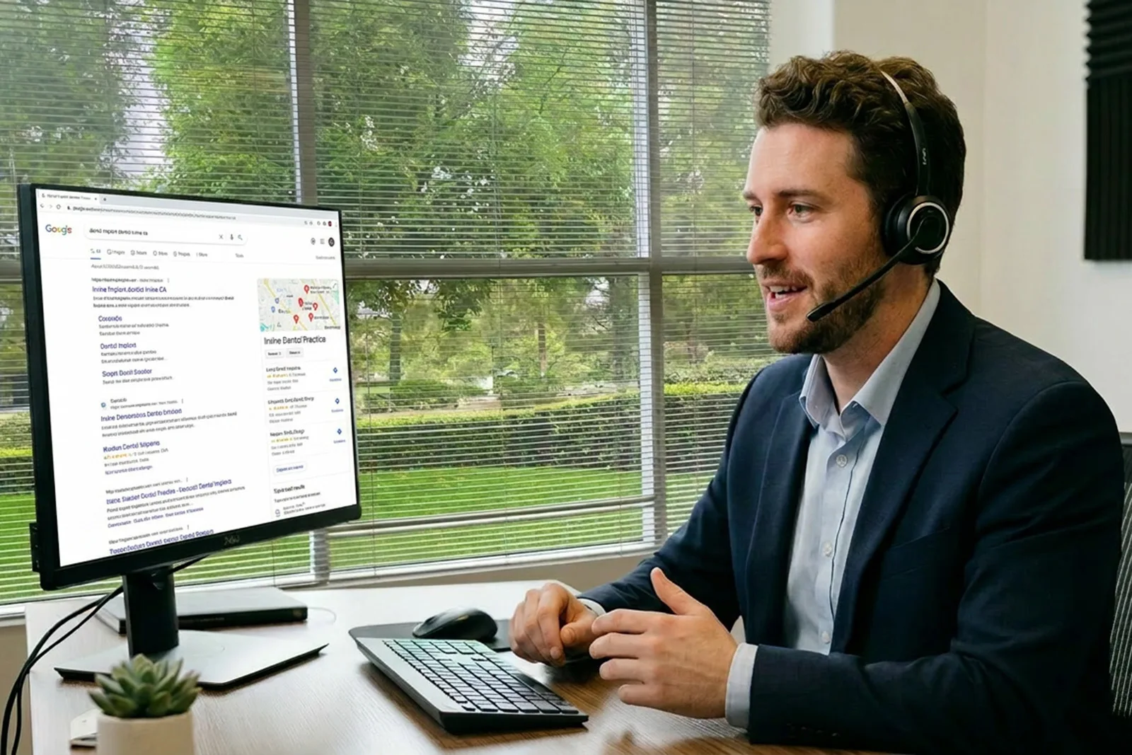 A marketing agent searches up information on a computer while on a call.