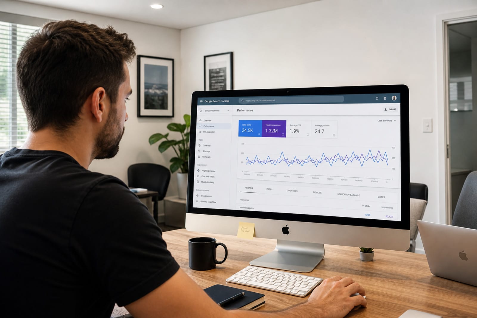 An SEO specialist examines the dashboard for a website on a screen