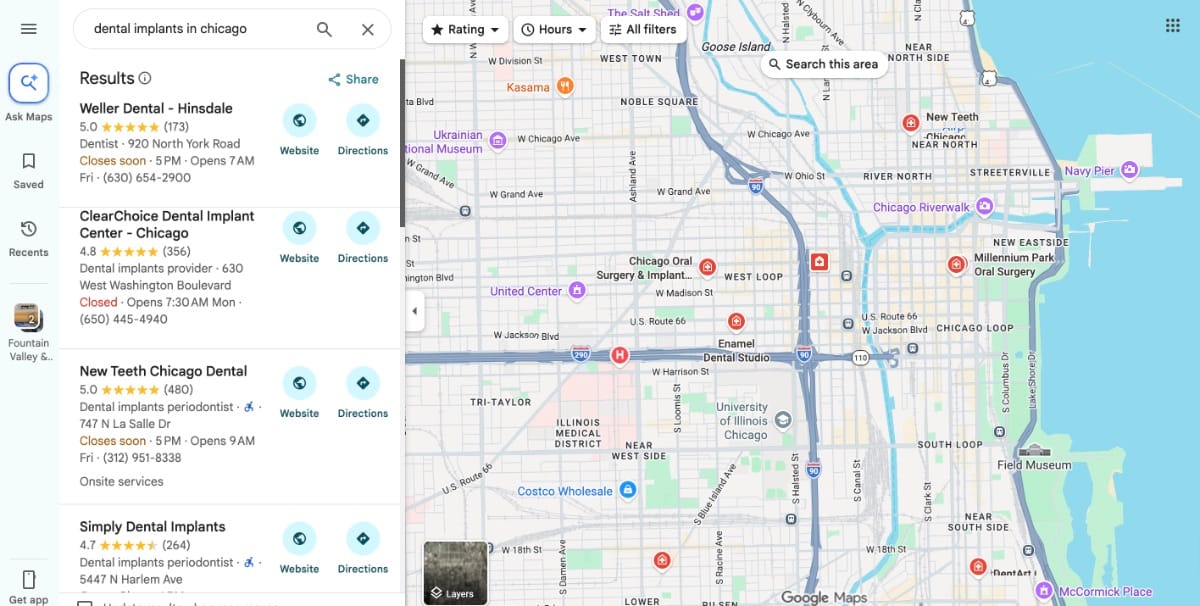 Search map of dental implants in Chicago