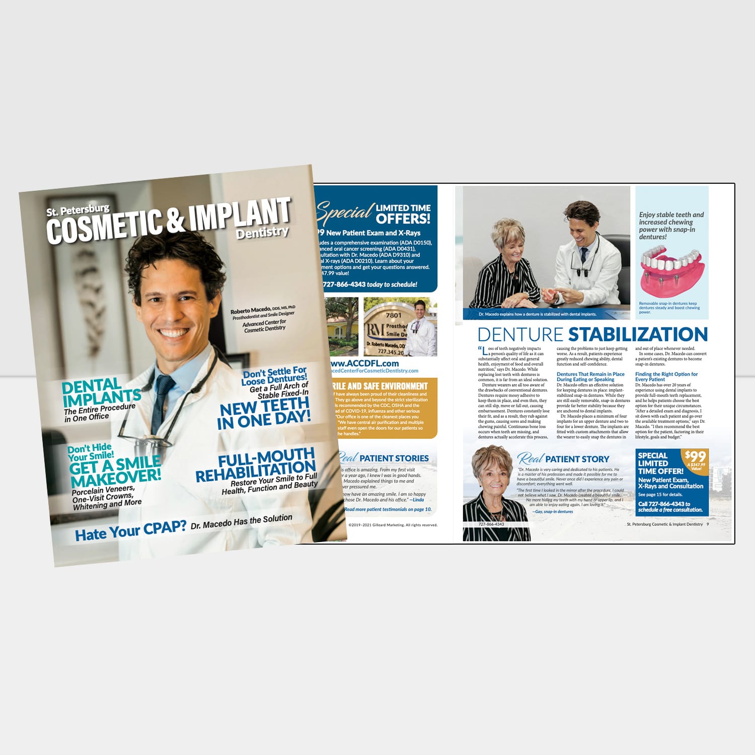 Mockup of the Advanced Center for Cosmetic Dentistry in St. Petersberg, FL magazine created by Gilleard Marketing for effective marketing for prosthodontists.
